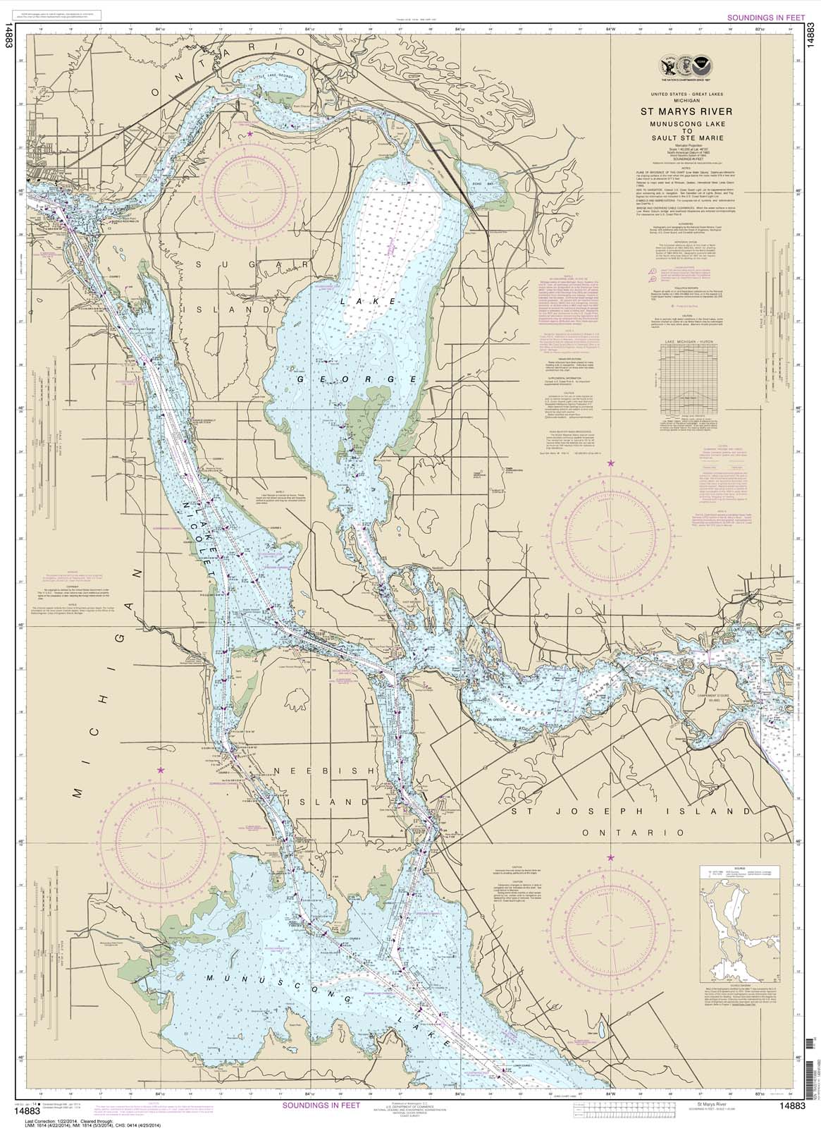 HISTORICAL NOAA Chart 14883: St. Marys River - Munuscong Lake to Sault Ste. Marie